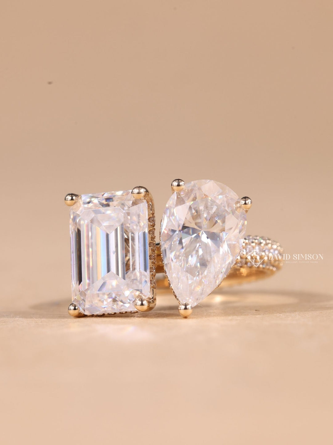 2.0CT Pear & 2.0CT Emerald Cut Moissanite Diamond Toi et Moi Engagement Ring