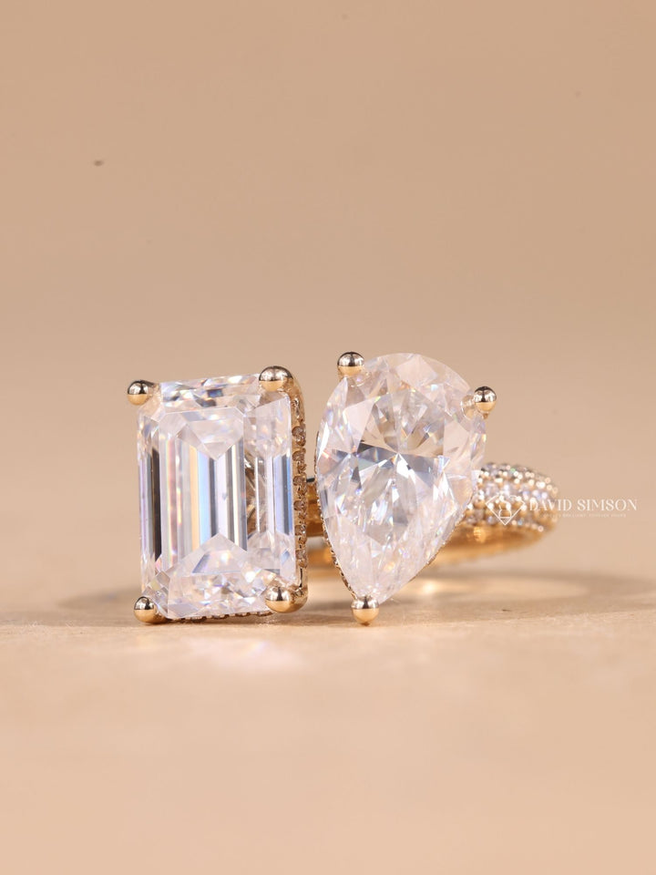 2.0CT Pear & 2.0CT Emerald Cut Moissanite Diamond Toi et Moi Engagement Ring