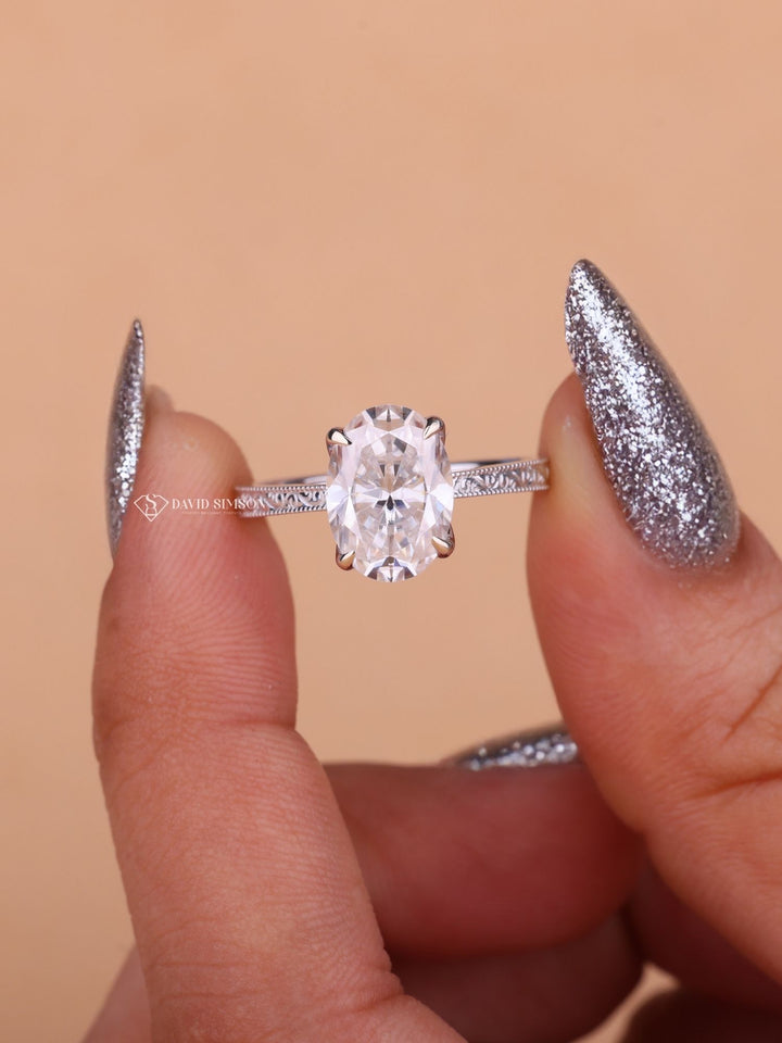 2.0CT-3.0CT Oval Cut Moissanite Vintage Milgrain Pave Diamond Engagement Ring