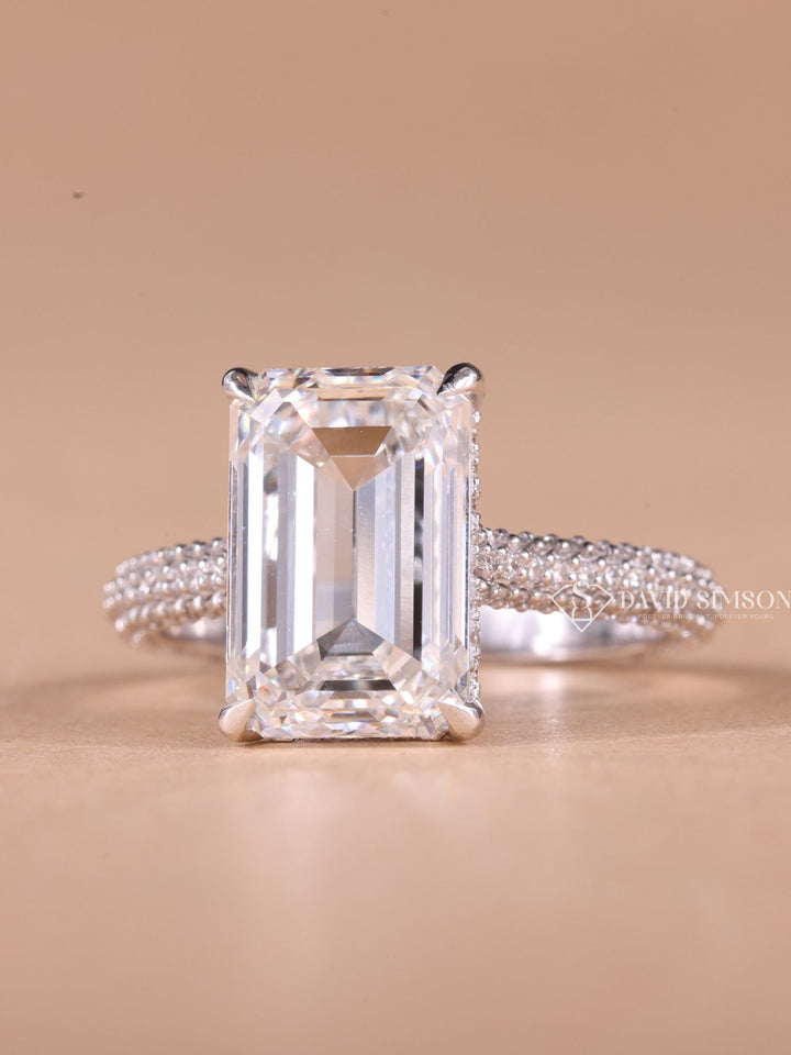 4.0CT-6.0CT Emerald Cut Moissanite Hidden Halo Diamond Pave Engagement Ring