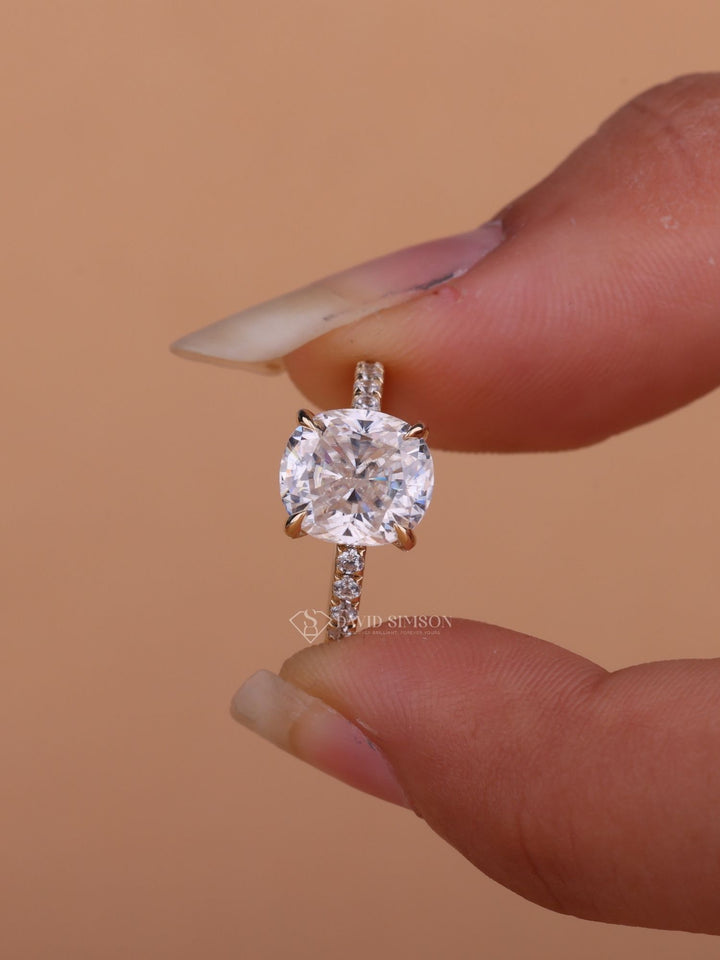 2.0CT-3.0CT Cushion Cut Moissanite Diamond Hidden Halo Engagement Ring