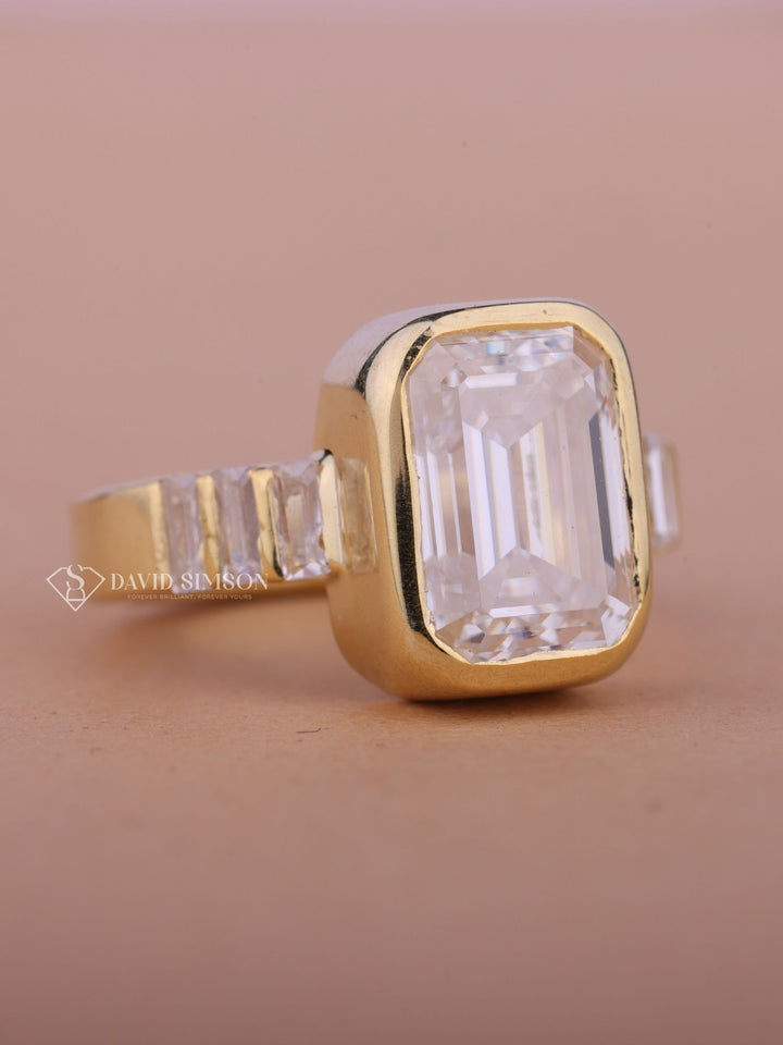 4.0CT-6.0CT Bezel Emerald Cut Moissanite Bar Set Pave  Diamond Engagement Ring
