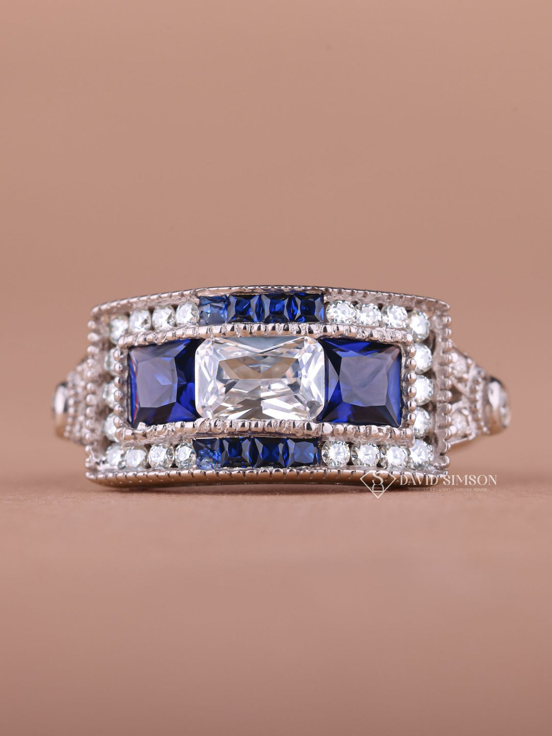 Round & Blue Cushion Cut Moissanite Diamond Vintage Wedding Ring