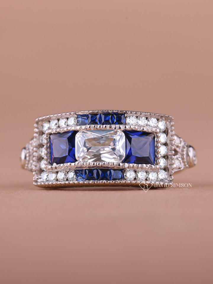 Round & Blue Cushion Cut Moissanite Diamond Vintage Wedding Ring