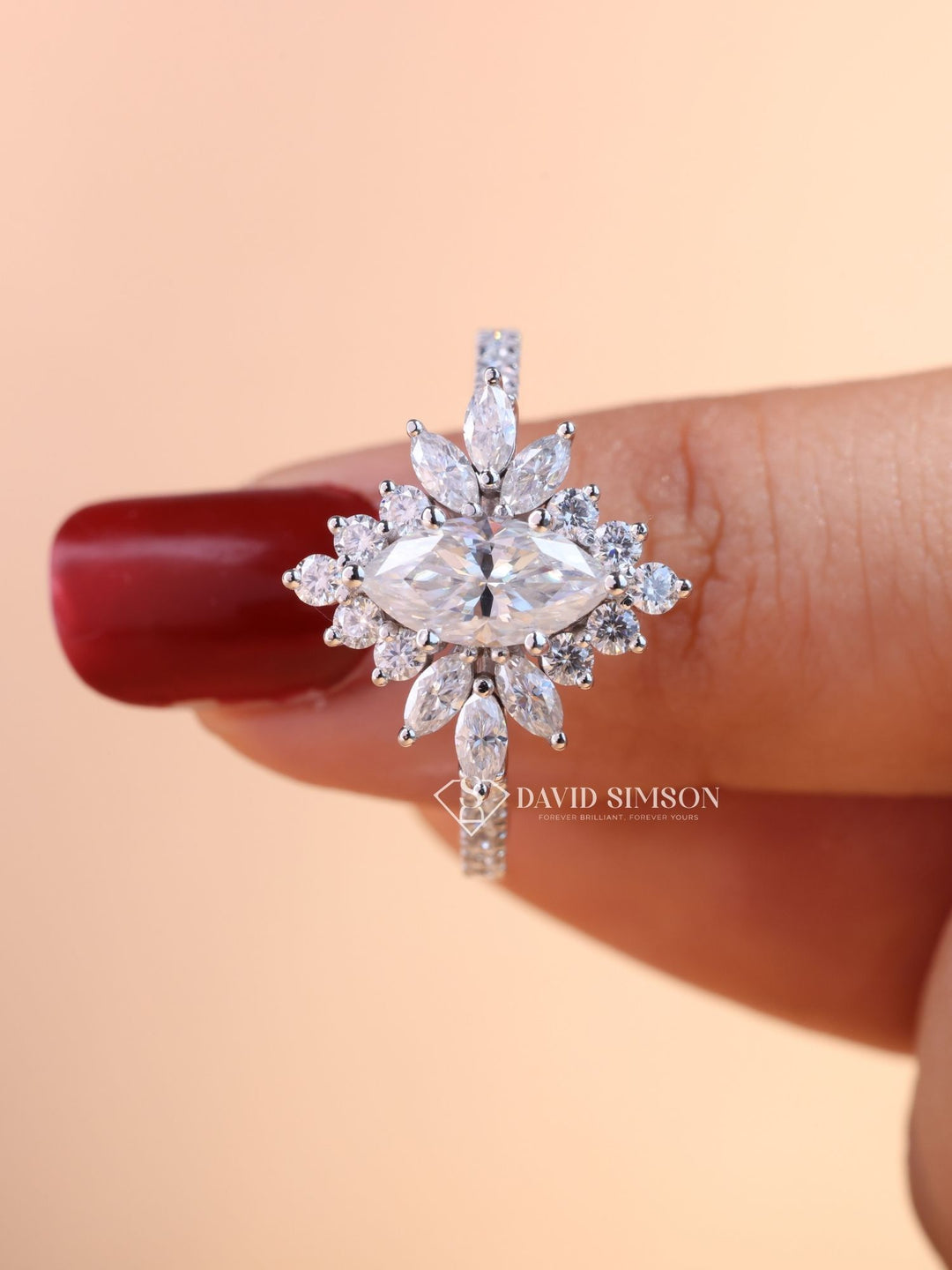 1.0CT-2.0CT Marquise Cut Moissanite Halo Cluster Engagement Ring
