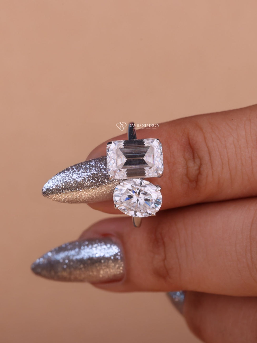 3.0CT Emerald & 2.0CT Oval Cut Moissanite Two Stone Diamond Engagement Ring