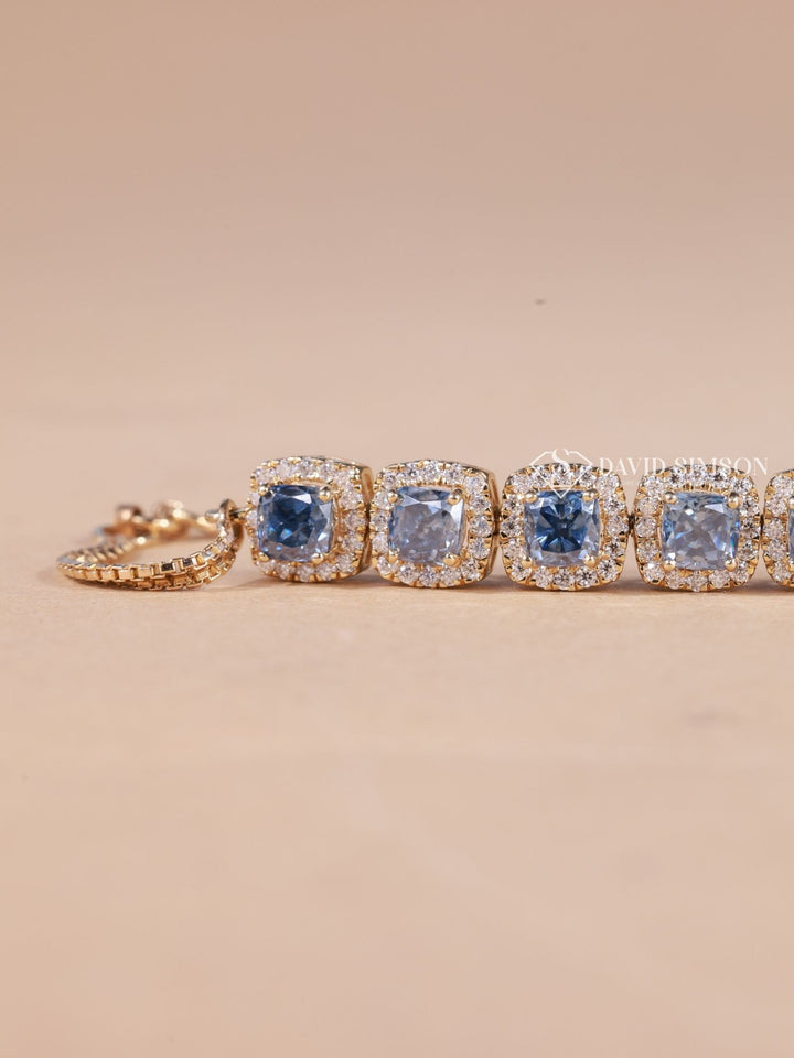 Blue Cushion Cut Moissanite Diamond Halo Bracelet for Women