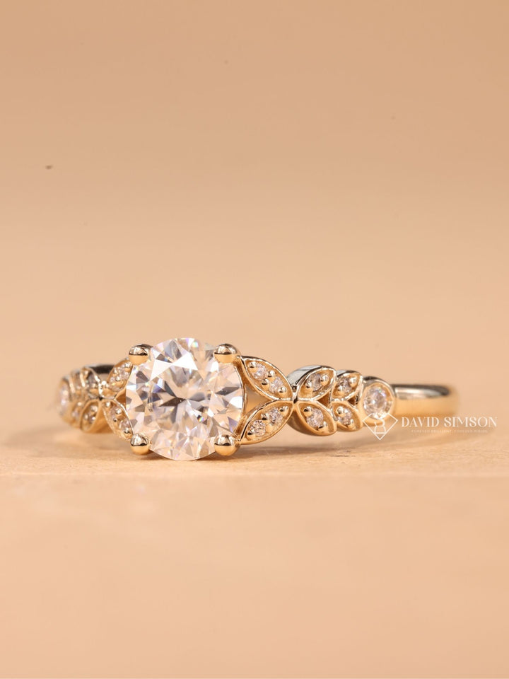 1.0CT-2.0CT Round Cut Moissanite Vintage Milgrain Pave Diamond Engagement Ring