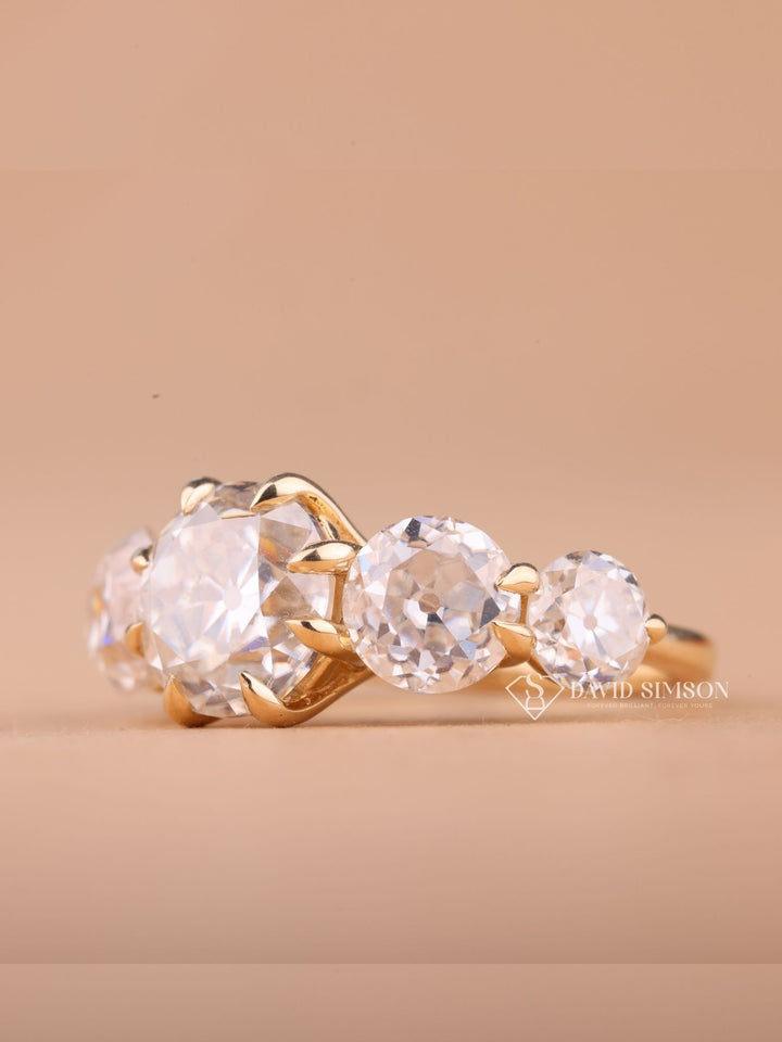 1.0CT-2.0CT Round Old Mine Cut Moissanite Diamond Five Stone Engagement Ring