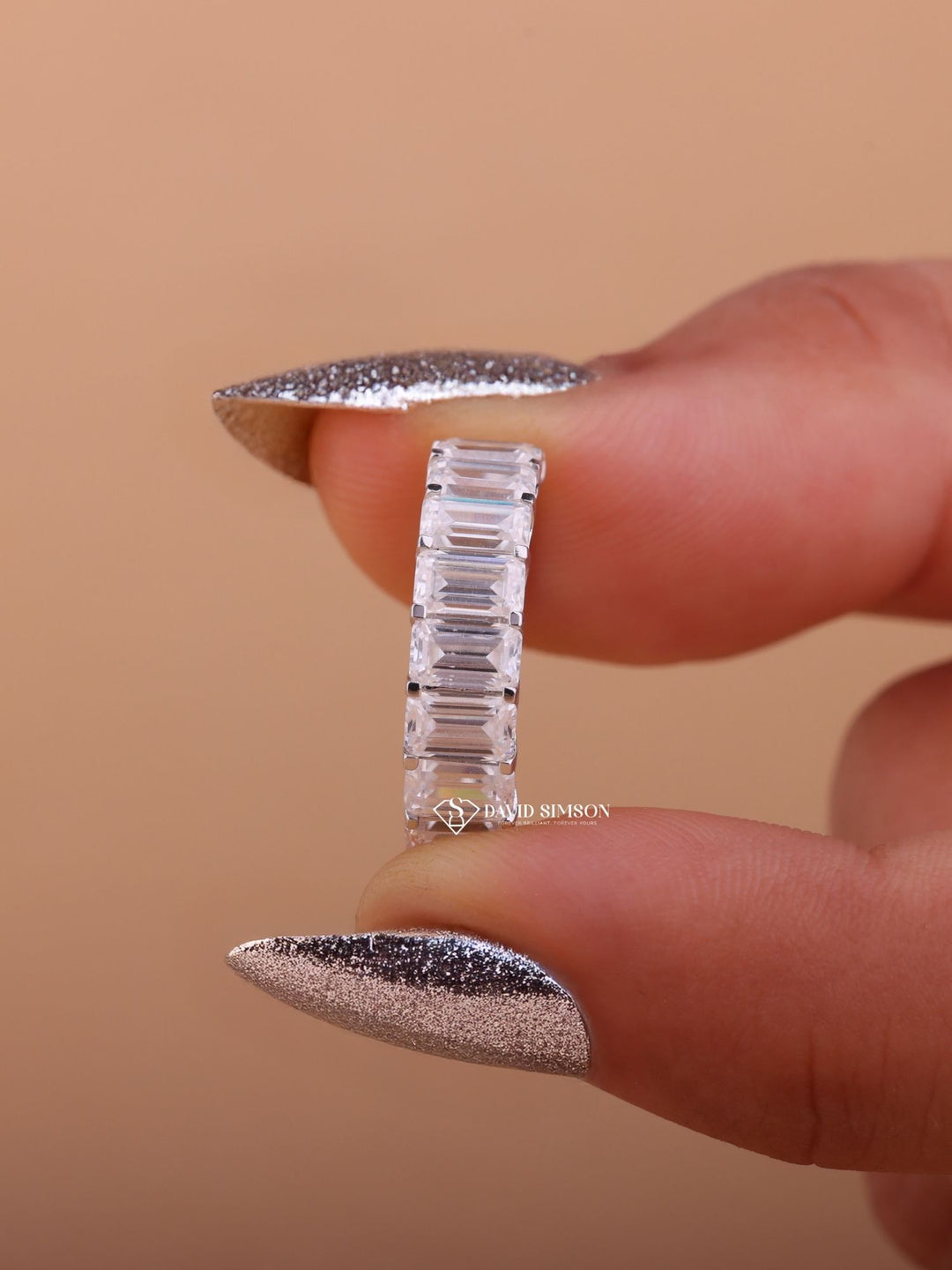 Emerald Cut Moissanite Diamond Half Eternity Wedding Band