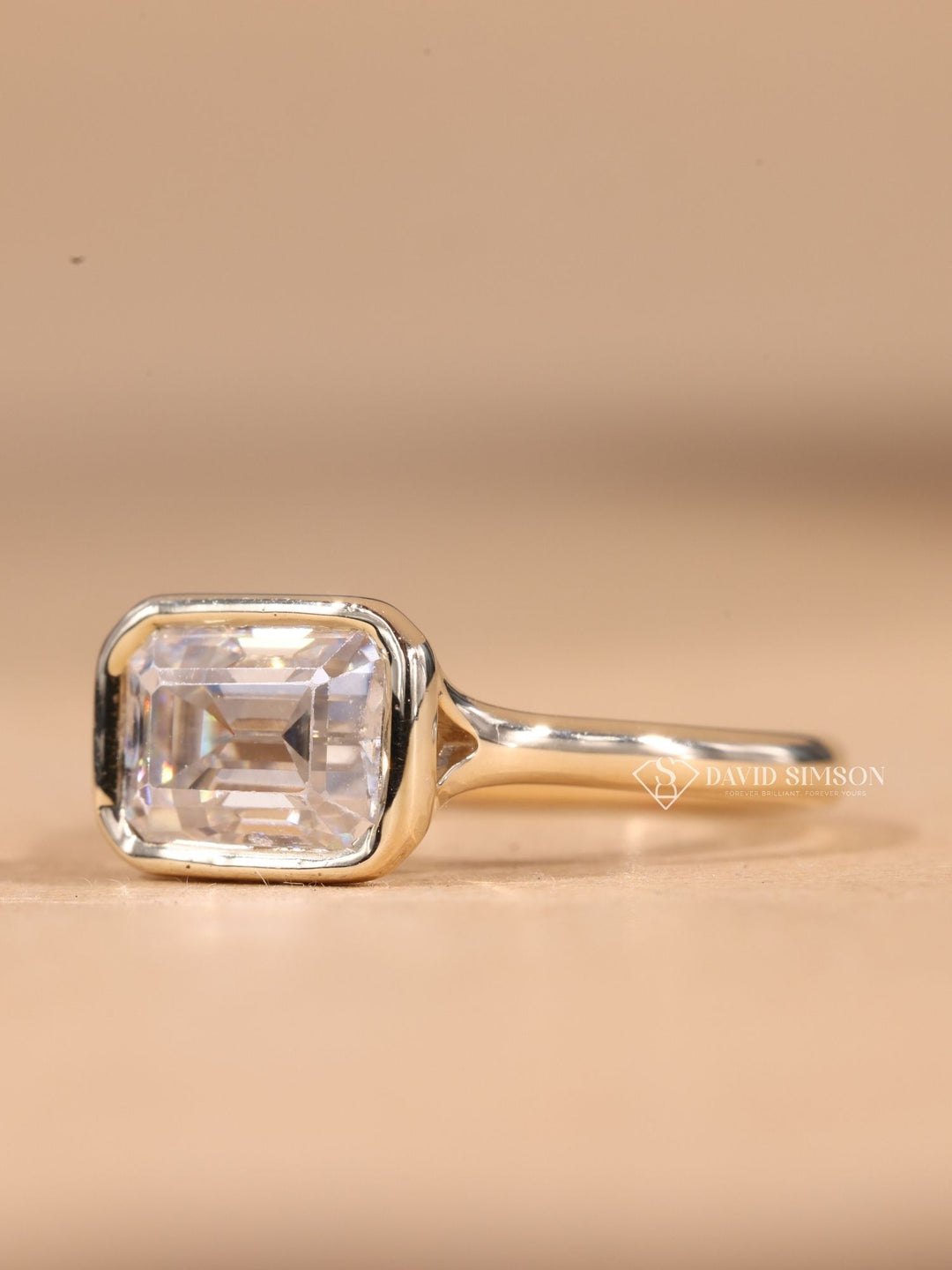3.0CT-5.0CT East West Emerald Cut Moissanite Diamond Bezel Set Engagement Ring