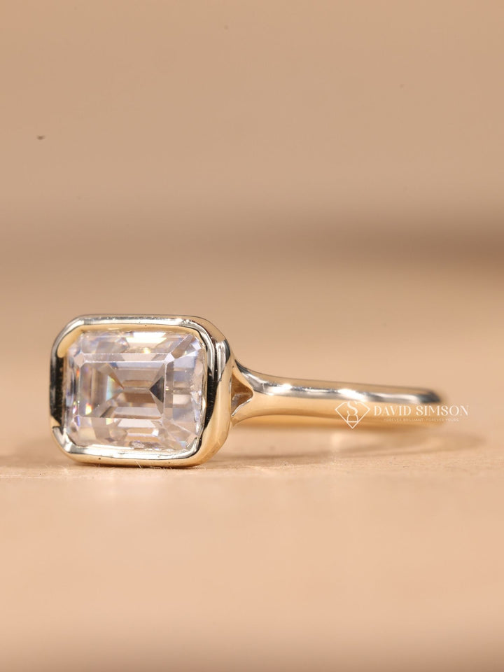 3.0CT-5.0CT East West Emerald Cut Moissanite Diamond Bezel Set Engagement Ring