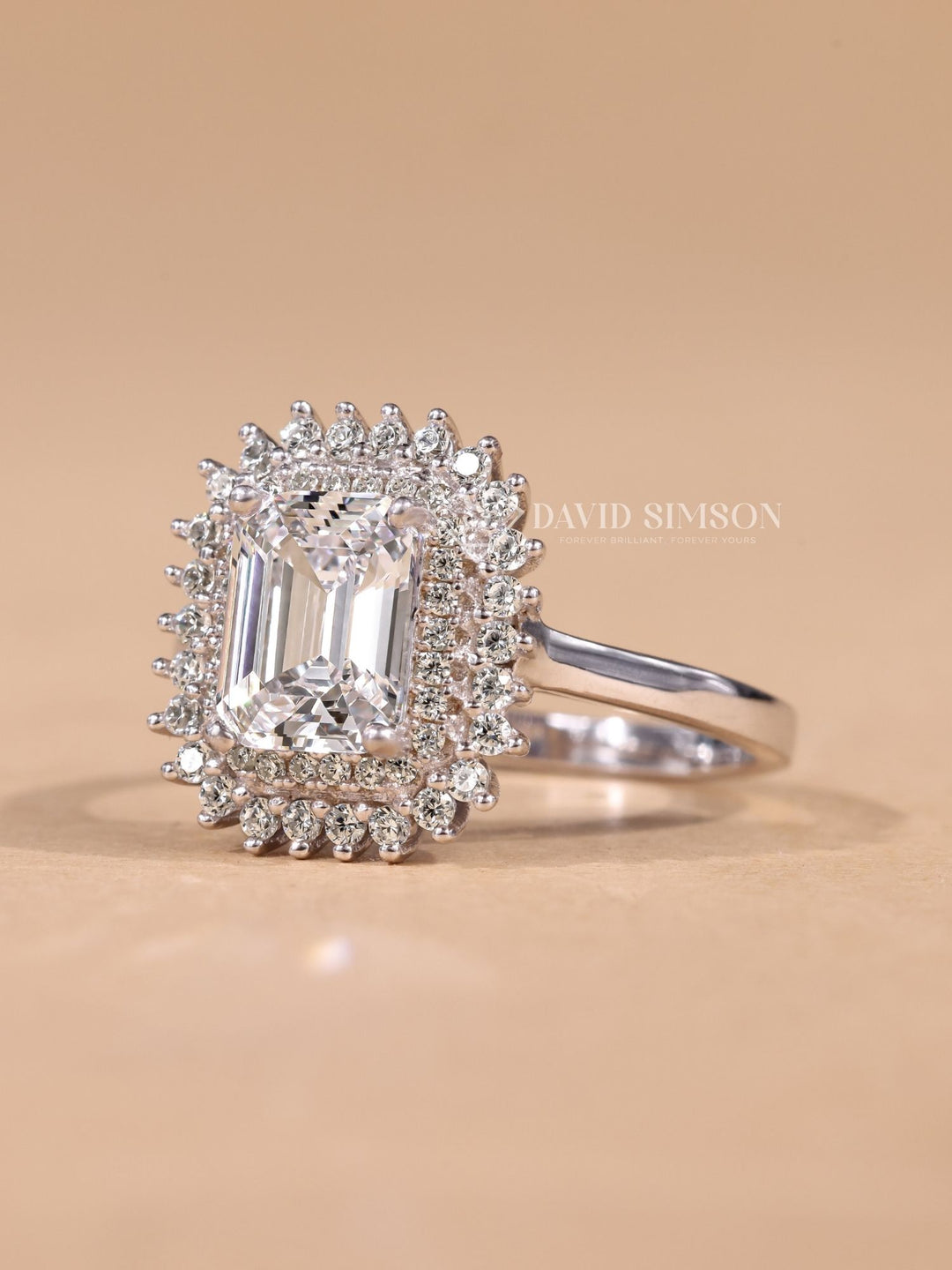 1.0CT-2.0CT Emerald Cut Moissanite Double Halo Diamond Engagement Ring