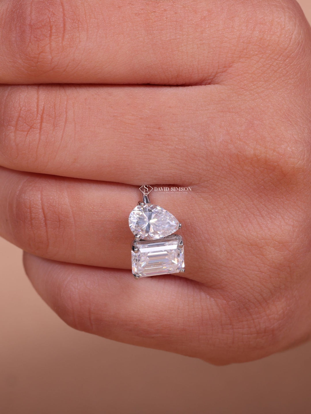 1.50CT Emerald & 1.0CT Pear Cut Moissanite Two Stone Diamond Engagement Ring