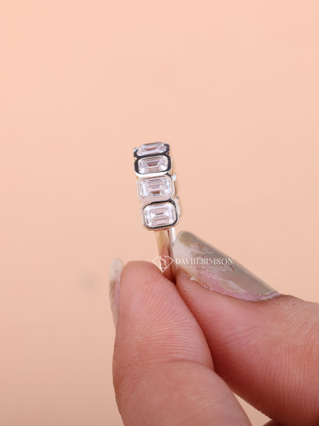 Emerald Cut Moissanite Bezel Set Diamond Wedding Band