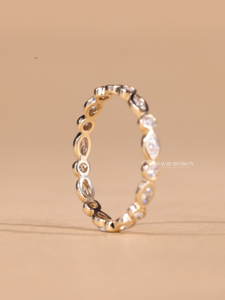 Round & Marquise Cut Moissanite Diamond Bezel Set Eternity Wedding Band