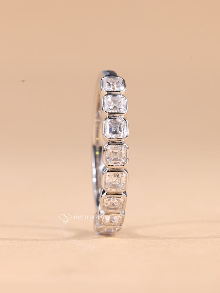 Bezel Set Asscher Cut Moissanite Diamond Half Eternity Wedding Band