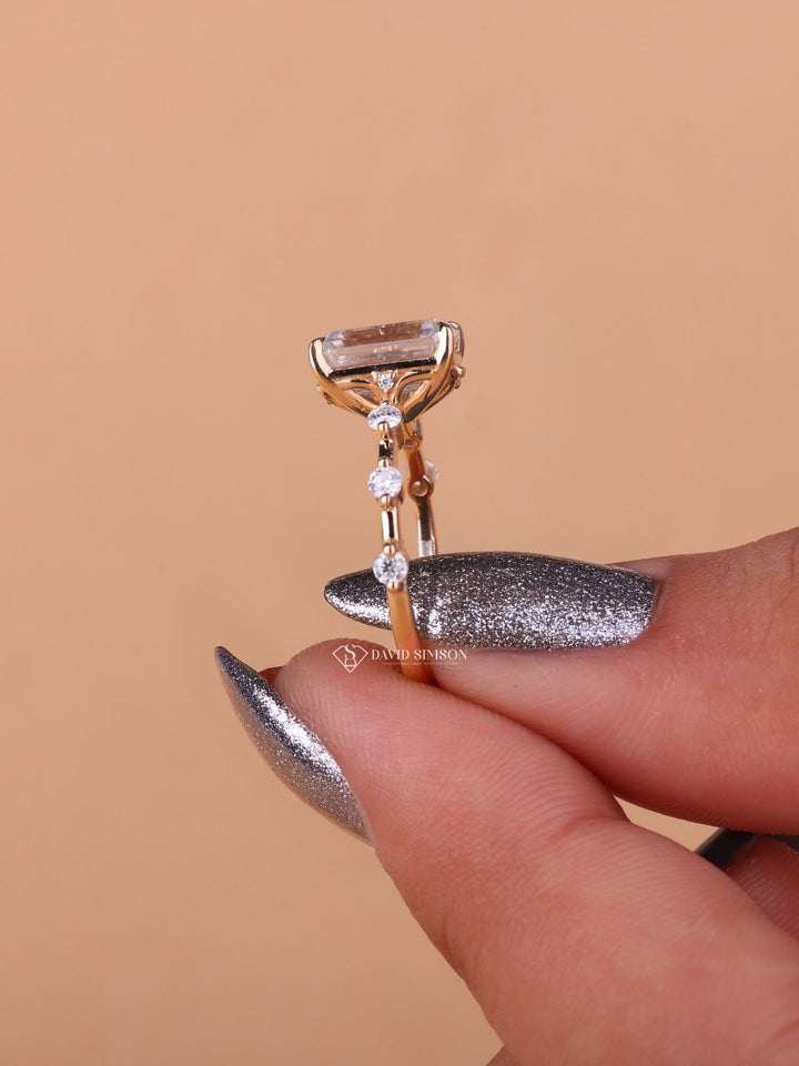 3.0CT-5.0CT Emerald Cut Moissanite Diamond Distance Pave Engagement Ring