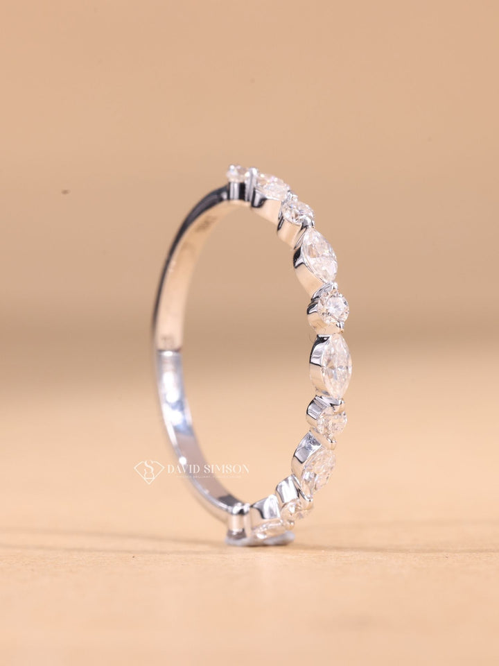 Round & Marquise Cut Moissanite Diamond Half Eternity Wedding Band