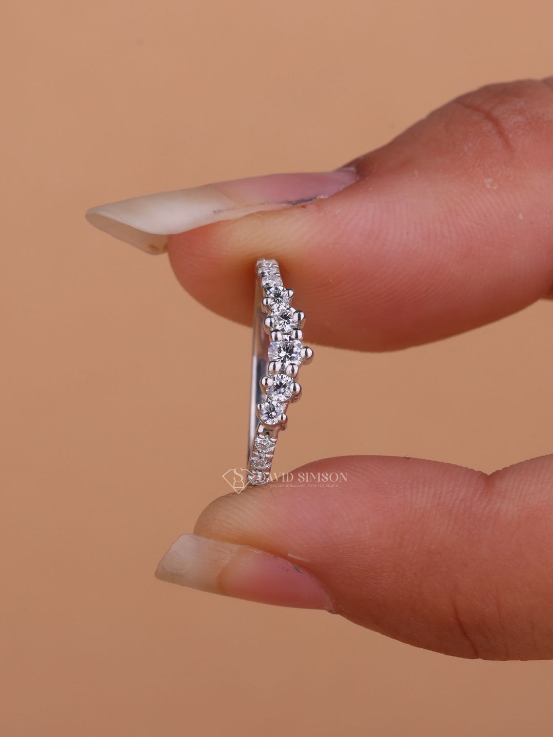 Round Cut Moissanite Diamond Curved Wedding Band in 18K Gold