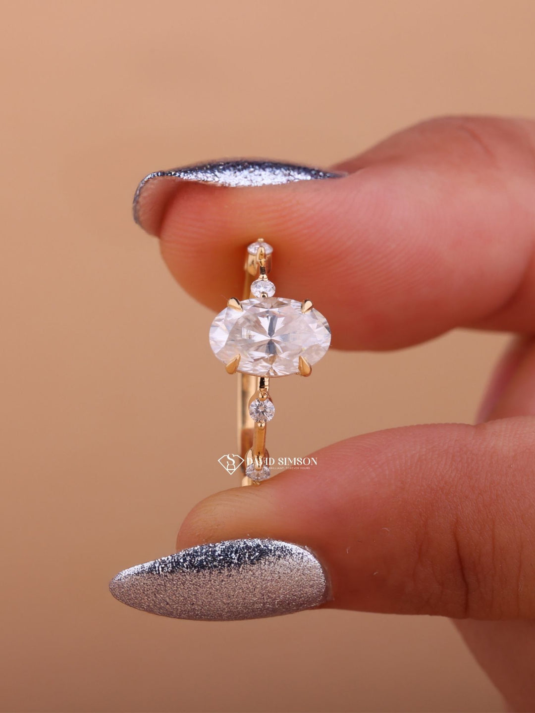 1.0CT-2.0CT Oval Cut Moissanite Diamond Distance Pave Engagement Ring