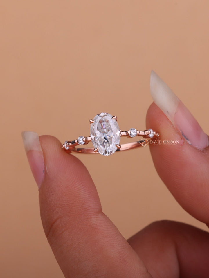 2.50CT-3.50CT Oval Cut Moissanite Diamond Distance Pave Engagement Ring