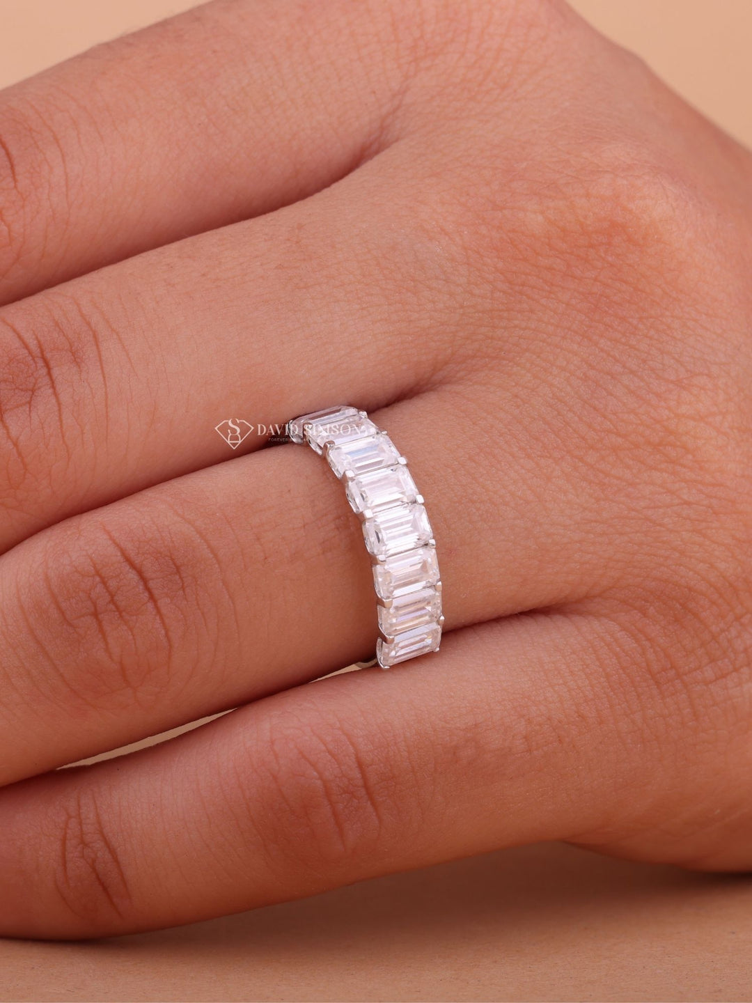 Emerald Cut Moissanite Diamond Half Eternity Wedding Band