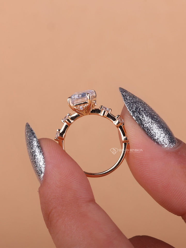 3.0CT-5.0CT Emerald Cut Moissanite Diamond Distance Pave Engagement Ring