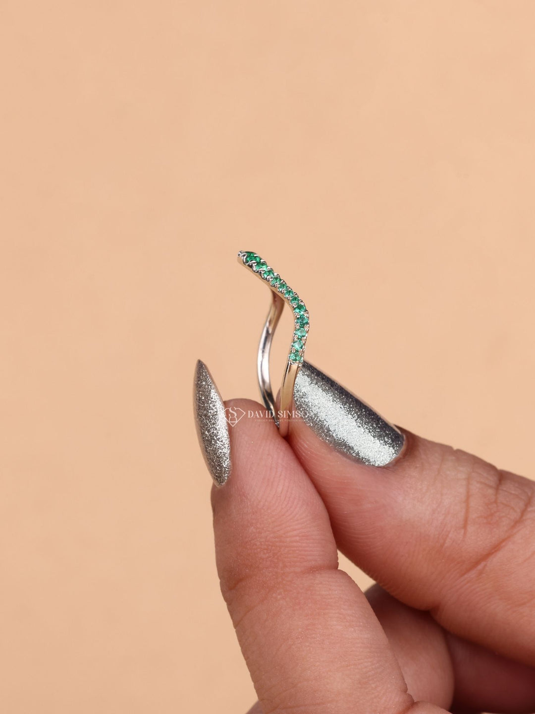 Green Round Cut Moissanite Diamond Curved Half Eternity Wedding Band