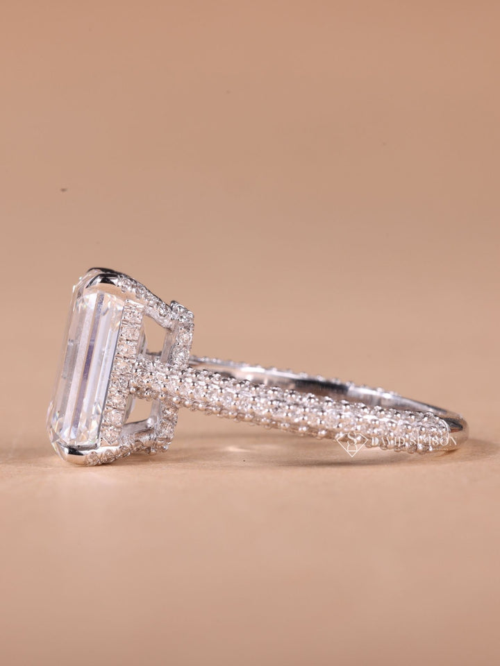4.0CT-6.0CT Emerald Cut Moissanite Hidden Halo Diamond Pave Engagement Ring