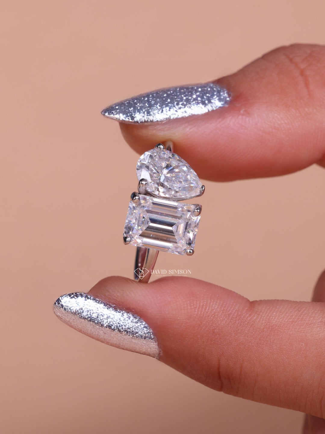 1.50CT Emerald & 1.0CT Pear Cut Moissanite Two Stone Diamond Engagement Ring