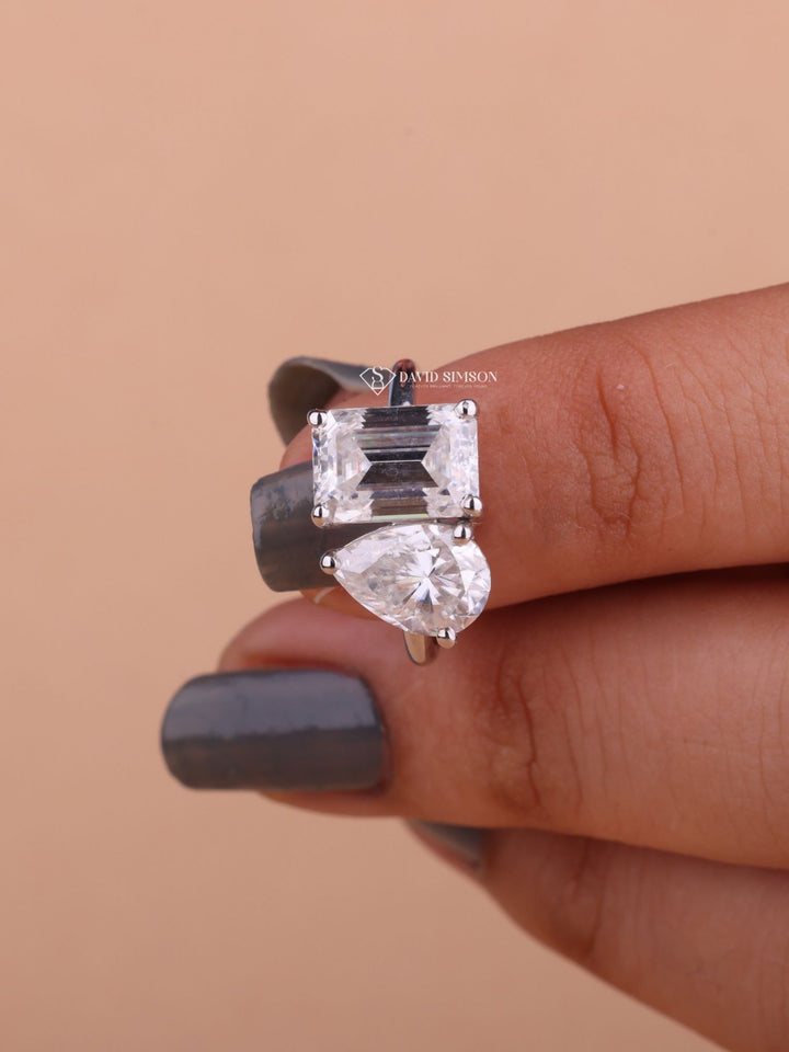 2.50CT Emerald & 2.0CT Pear Cut Moissanite Diamond Two Stone Engagement Ring