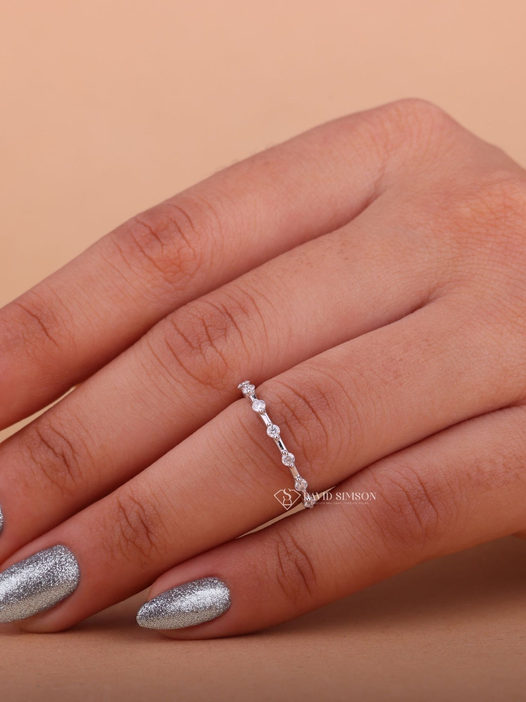 Round Cut Moissanite Diamond Distance Pave Wedding Band