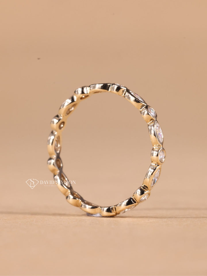 Round & Marquise Cut Moissanite Diamond Bezel Set Eternity Wedding Band