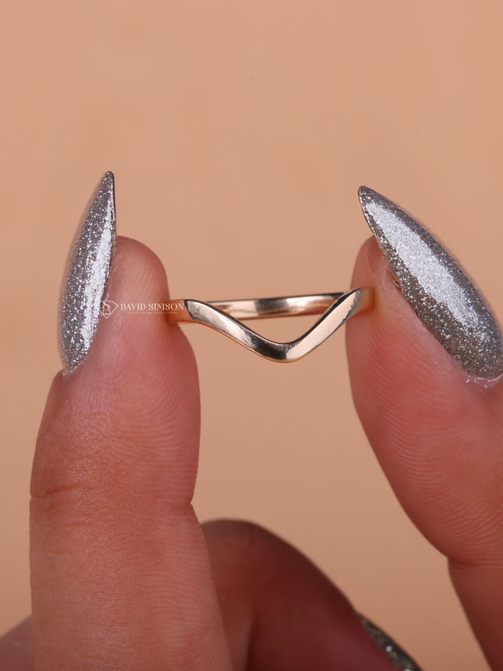 14K Yellow Solid Gold V Shape Wedding Band for Her