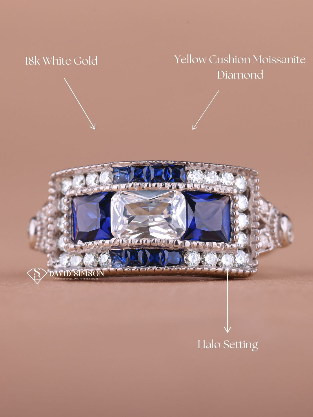 Round & Blue Cushion Cut Moissanite Diamond Vintage Wedding Ring