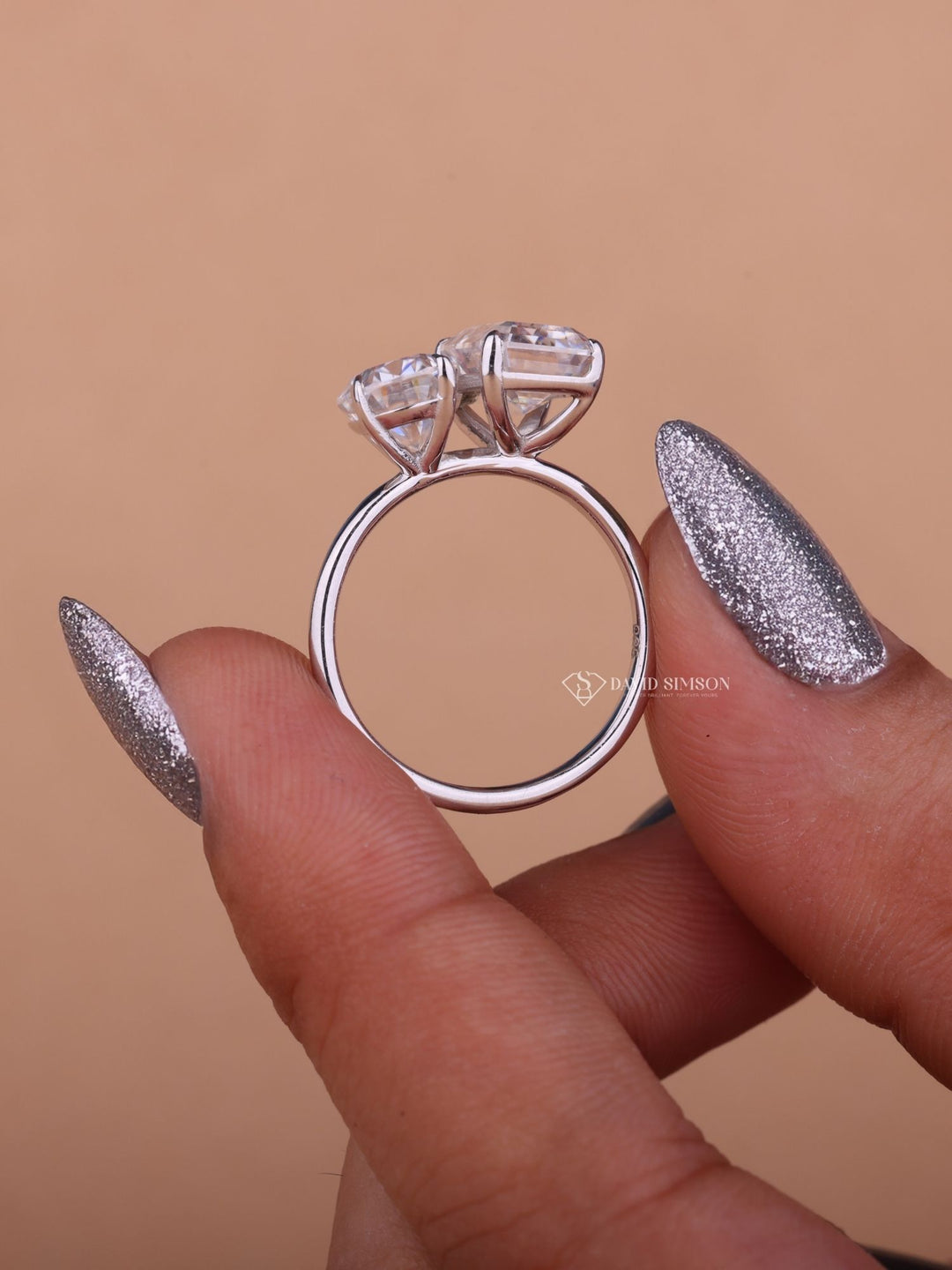 3.0CT Emerald & 2.0CT Oval Cut Moissanite Two Stone Diamond Engagement Ring