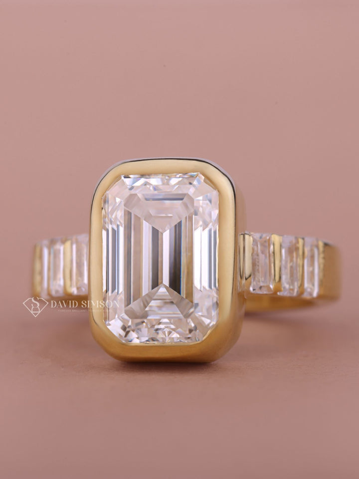 4.0CT-6.0CT Bezel Emerald Cut Moissanite Bar Set Pave  Diamond Engagement Ring