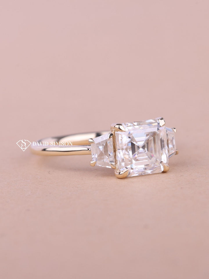1.0CT-2.0CT Asscher Cut Three Stone Moissanite Diamond Engagement Ring