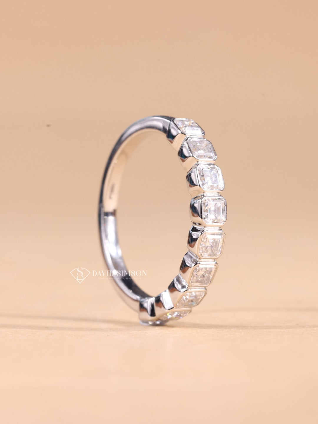 Bezel Set Asscher Cut Moissanite Diamond Half Eternity Wedding Band