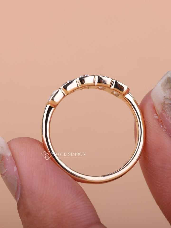 Bezel Set Emerald Cut Moissanite Diamond Five Stone Wedding Band