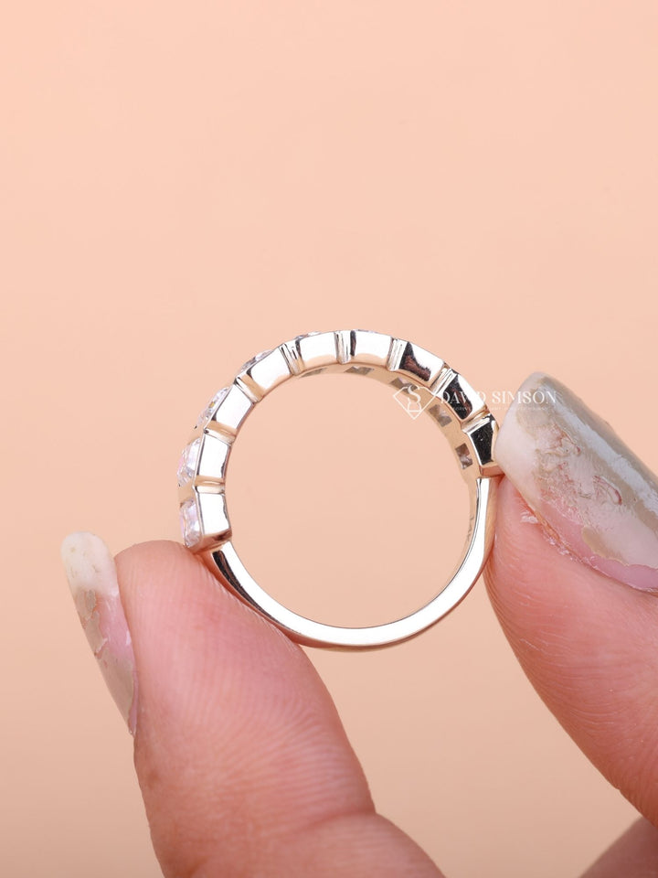 Emerald Cut Moissanite Bezel Set Diamond Wedding Band