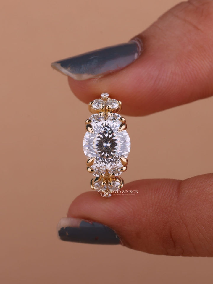 2.0CT-3.0CT Round Portuguese Cut Moissanite Diamond Unique Cluster Engagement Ring