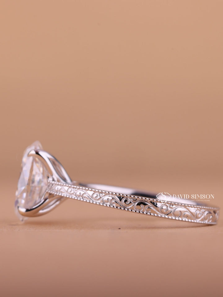 2.0CT-3.0CT Oval Cut Moissanite Vintage Milgrain Pave Diamond Engagement Ring