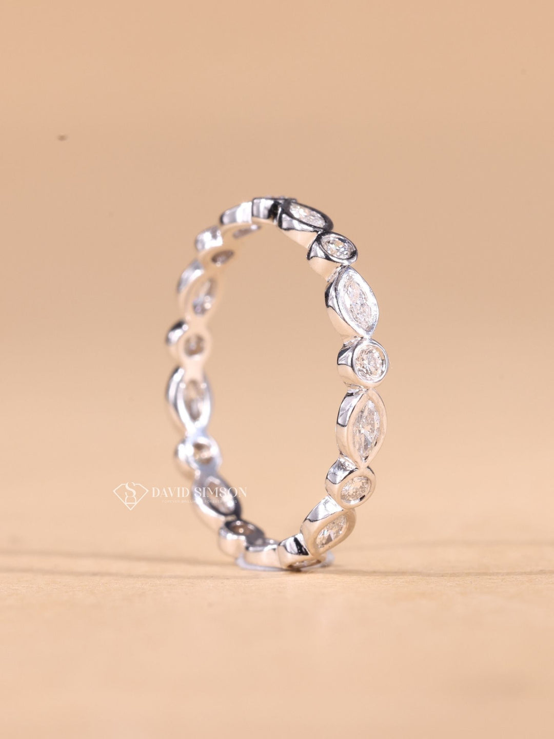 Round & Marquise Cut Moissanite Diamond Bezel Set Eternity Wedding Band