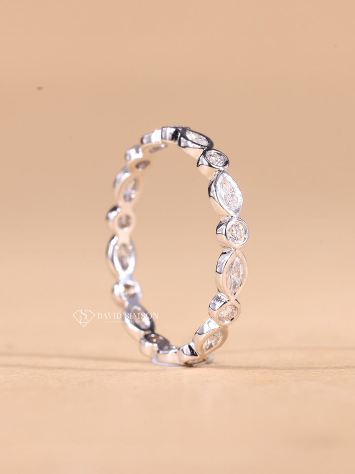 Round & Marquise Cut Moissanite Diamond Bezel Set Eternity Wedding Band