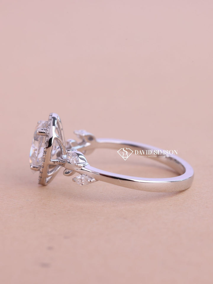 1.0CT-2.0CT Pear Cut Halo Moissanite Diamond Nature Inspired Engagement Ring
