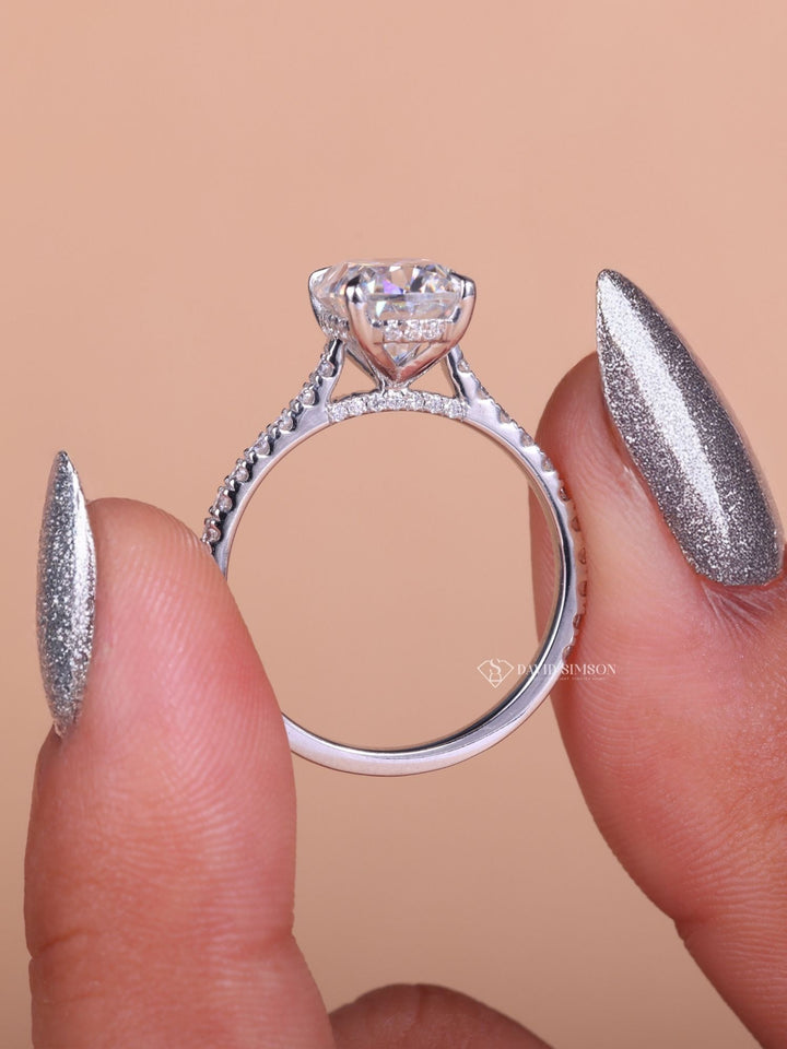 2.50CT-3.50CT Cushion Cut Moissanite Hidden Halo & Pave Diamond Engagement Ring