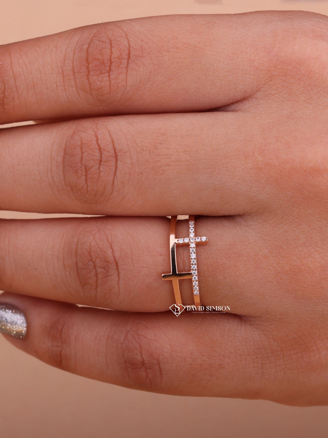 Round Cut Moissanite Diamond Cross Wedding Band in Solid Gold