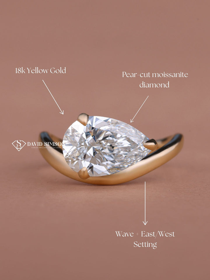 3.0CT-5.0CT Pear Cut Moissanite Diamond Curved Waves Engagement Ring